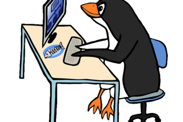 pinguim sentado em frente ao computador