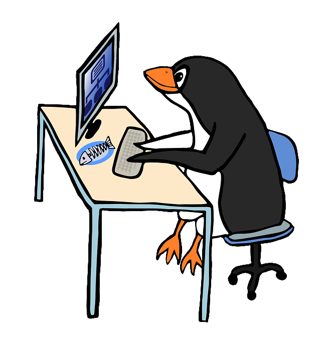 pinguim sentado em frente ao computador