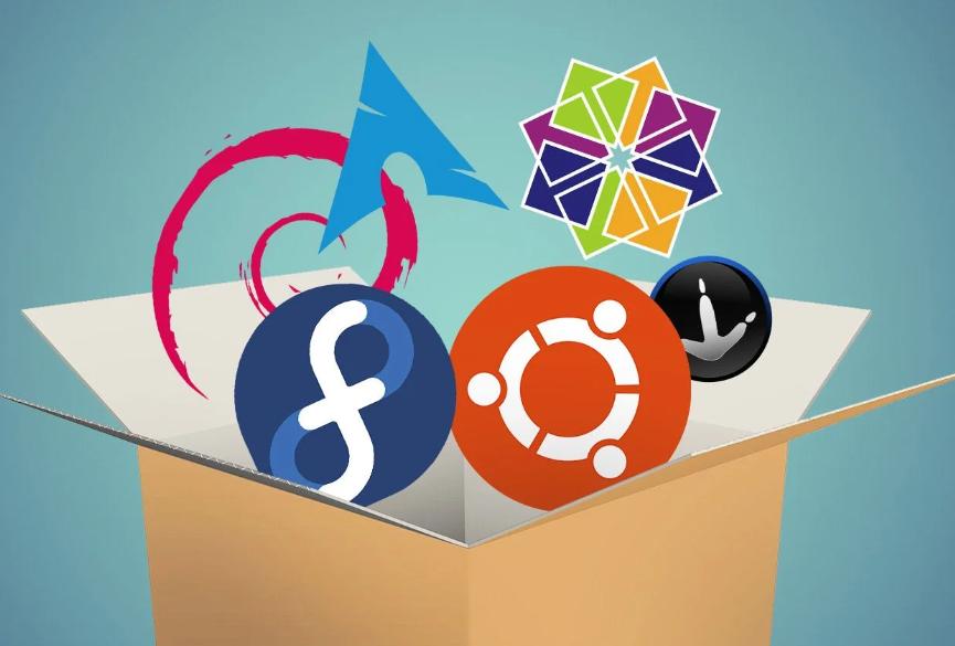 Caixa papelao e icones das principais distros linux saindo de dentro da caixa, icones do fedora, ubuntu, debian e centOS