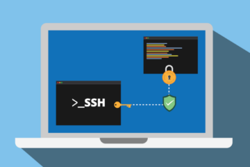 Ilustração de um laptop com terminal aberto e tela com chave ssh