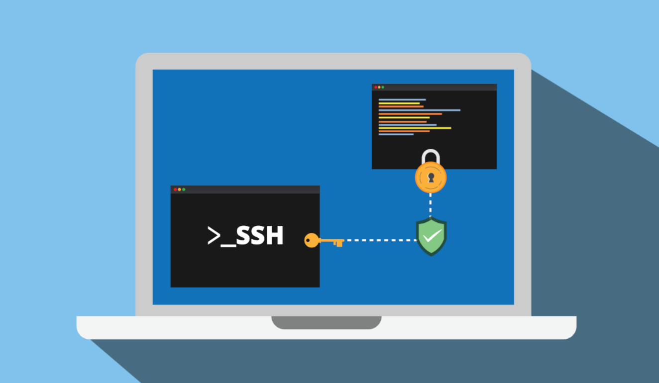 Ilustração de um laptop com terminal aberto e tela com chave ssh