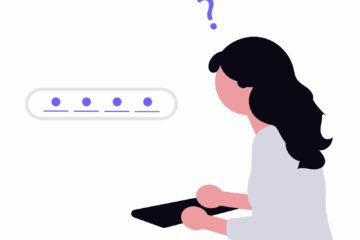 Illustração menina olhando para um form com um ponto de interrogação acima da cabeça.
