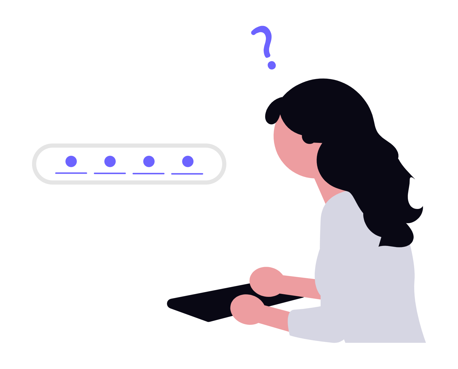 Illustração menina olhando para um form com um ponto de interrogação acima da cabeça.